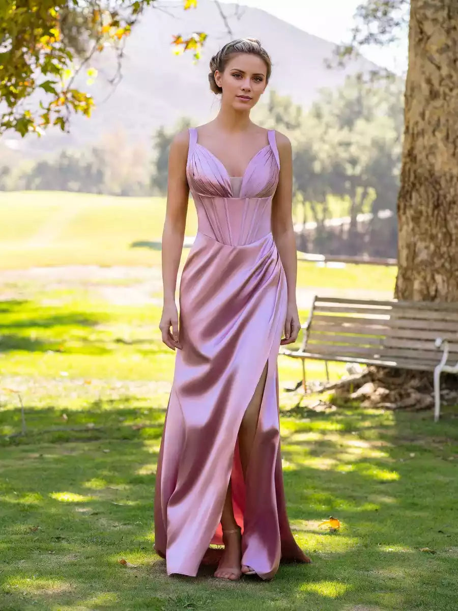 Prom Dresses with eye-catching V-neck satin and floor tight slit zipper back